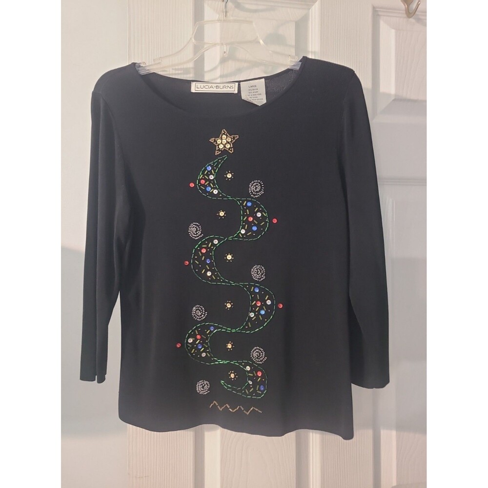 Vintage Lucia Burns Christmas Tree Top Black Beaded Sequined Holiday Sweater Siz